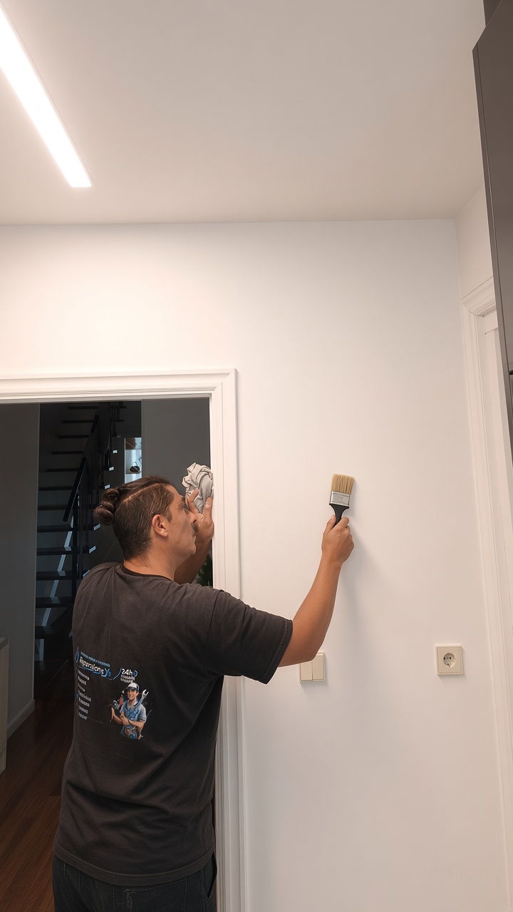 Pintor profesional saneando y preparando pared para pintura en vivienda en Castro Urdiales
